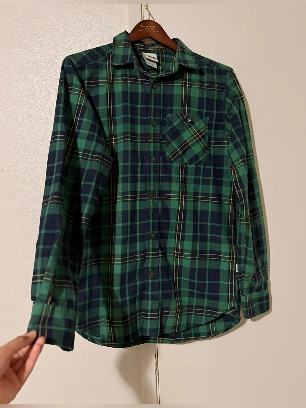 The North Face Men's Small Green & Navy Plaid Button-Down Long Sleeve Shirt